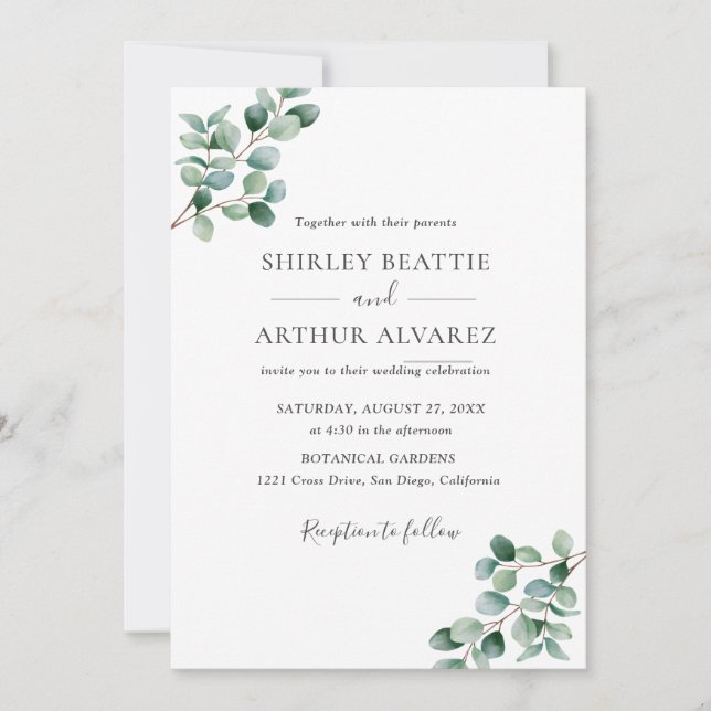 Invitation Mariage Élégant avec Verdure d'Eucalyptus (Devant)