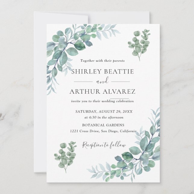 Invitation Mariage Élégant avec Verdure d'Eucalyptus (Devant)