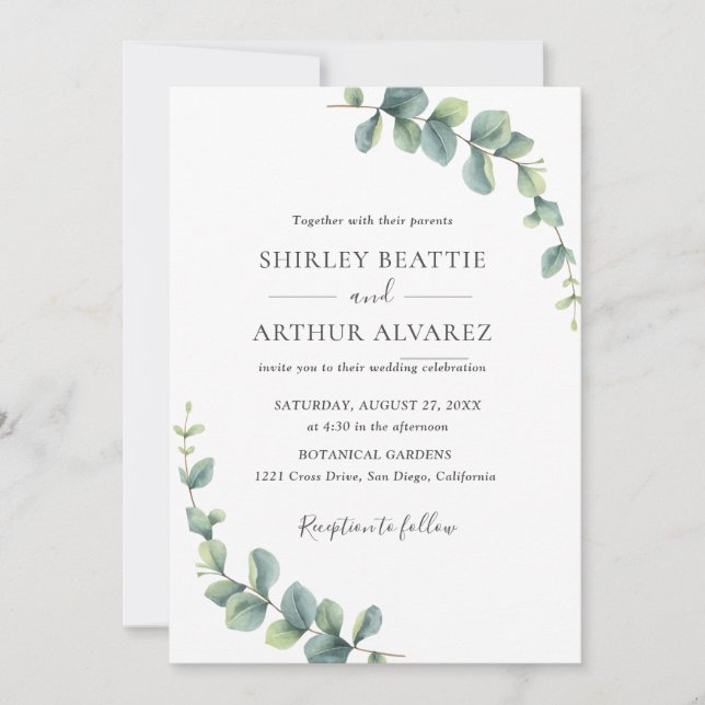Invitation Mariage Élégant avec Verdure d'Eucalyptus (Devant)