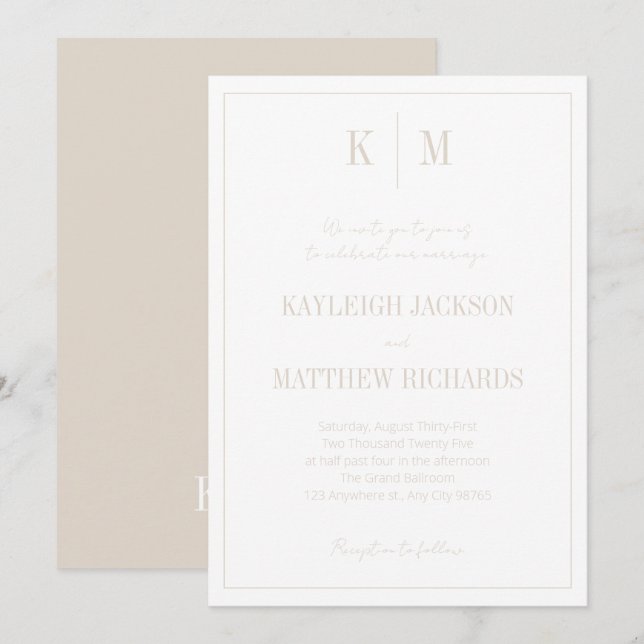 Invitation Mariage élégant beige chaud Monogramme  (Devant / Derrière)