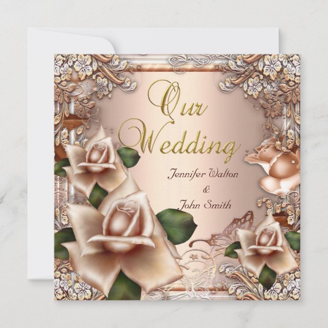 Invitation Mariage Élégant Beige Crème Or Rose (Devant)