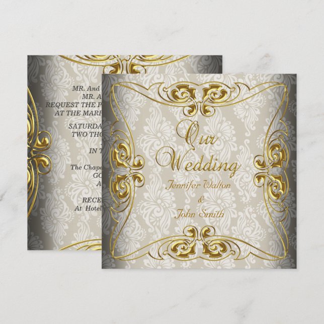 Invitation Mariage élégant beige or damas (Devant / Derrière)
