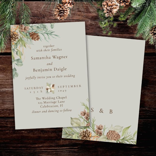 Invitation Mariage élégant beige pin verdure d'hiver (Créateur téléchargé)