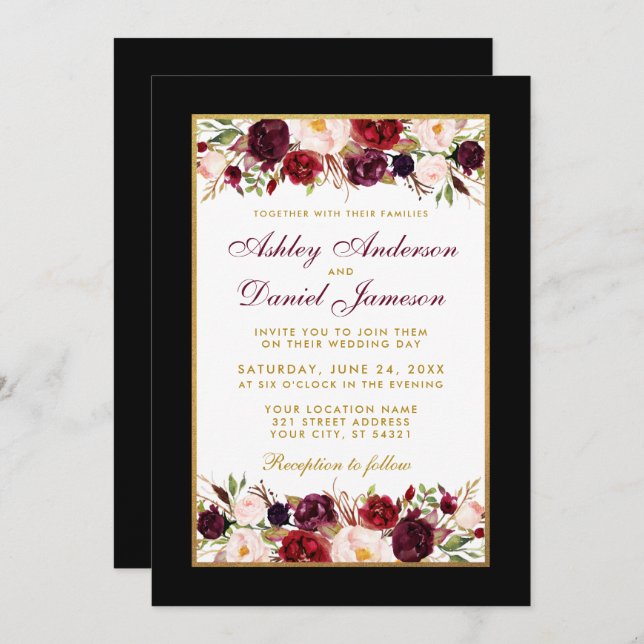Invitation Mariage Elegant Black Gold Frame Bourgogne Floral (Devant / Derrière)