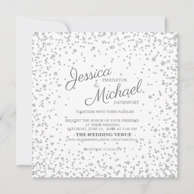 Invitation Mariage élégant blanc argent diamant paillettes (Devant)