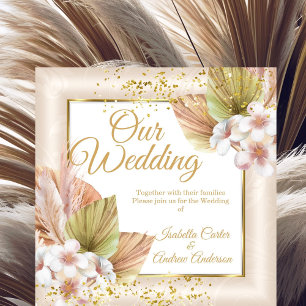 Invitation Mariage Élégant Blanc Crème Bohème Floral Or