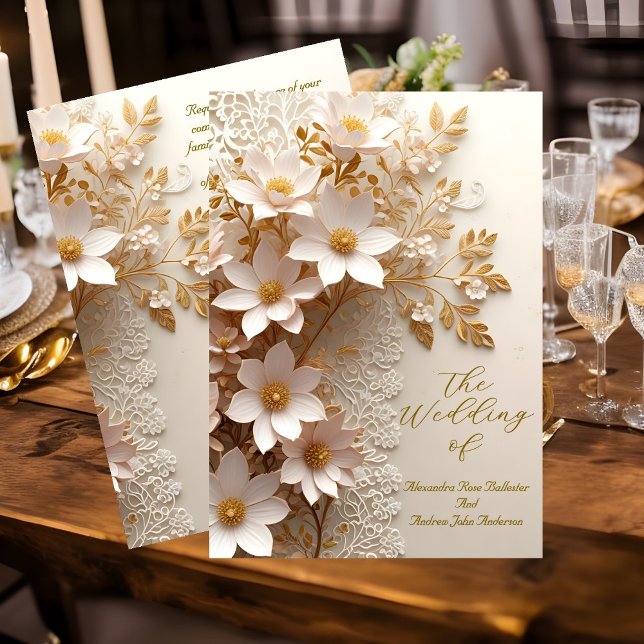 Invitation Mariage Élégant Blanc Dentelle Fleurs Roses Or (Créateur téléchargé)