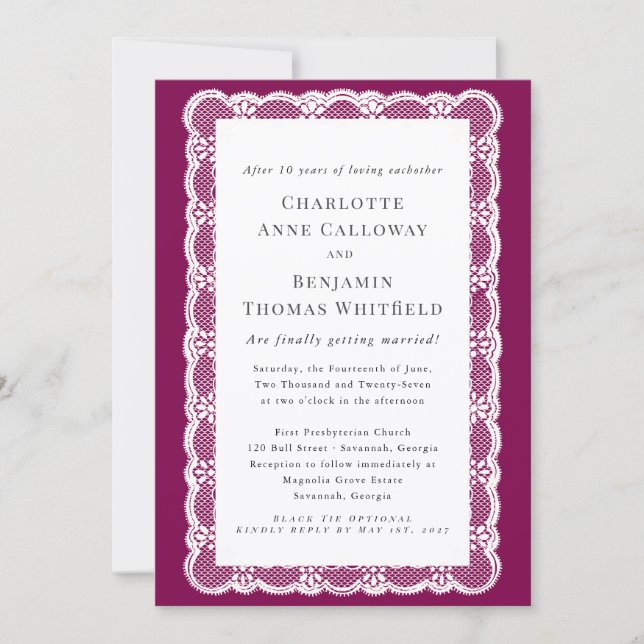 Invitation Mariage Élégant Blanc Dentelle Prune Violet Casual (Devant)