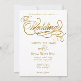 Invitation Mariage élégant blanc et calligraphie en faux or