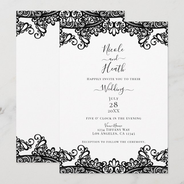 Invitation Mariage Élégant Blanc et Noir en Dentelle (Devant / Derrière)