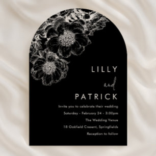 Invitation Mariage élégant blanc floral moderne noir