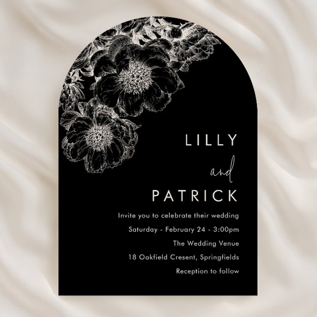 Invitation Mariage élégant blanc floral moderne noir (Créateur téléchargé)