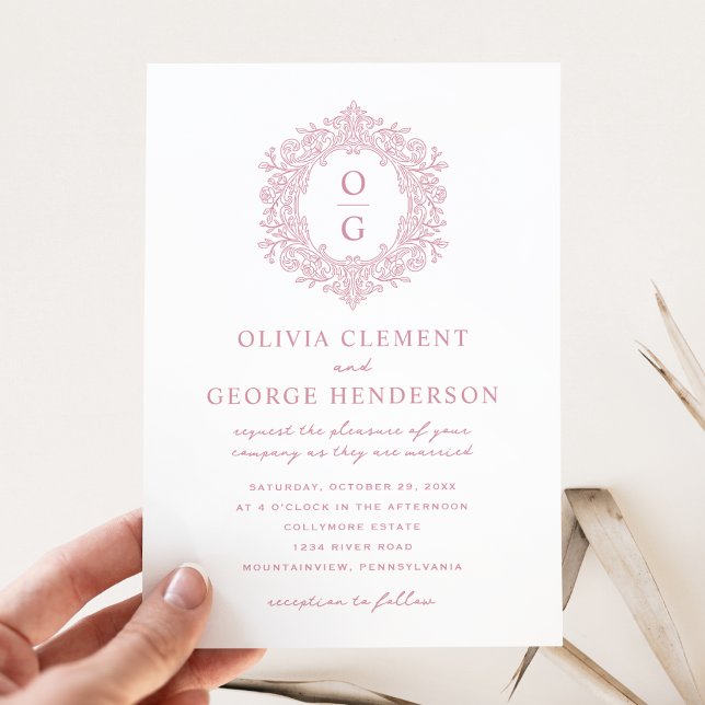 Invitation Mariage Élégant Blason Héritage Rose (Créateur téléchargé)