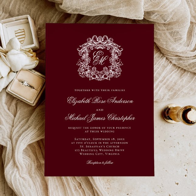 Invitation Mariage Élégant Blason Monogramme Bourgogne (Créateur téléchargé)