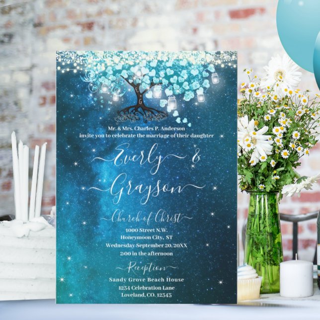 Invitation Mariage Élégant Bleu Aqua Turquoise Arbre à Feuill (Créateur téléchargé)