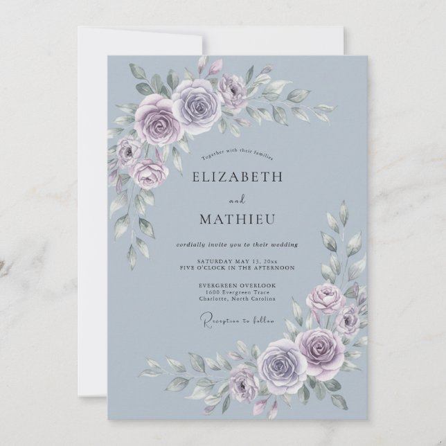 Invitation Mariage Élégant Bleu Ardoise Floral (Devant)