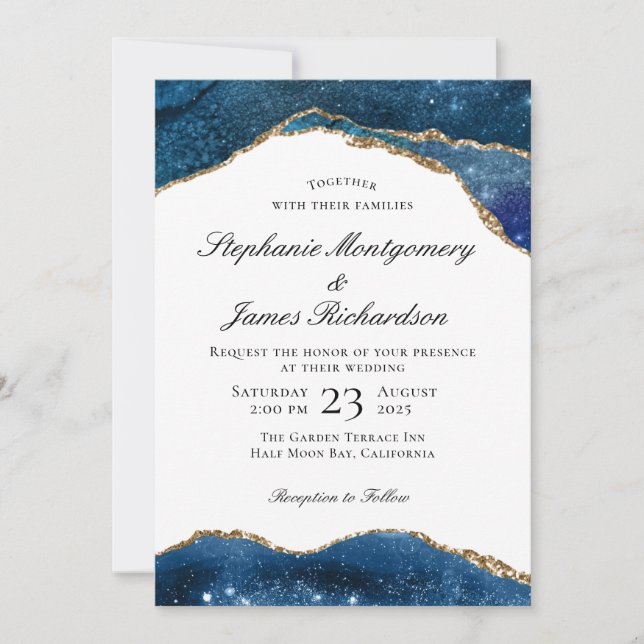 Invitation Mariage élégant bleu avec feuille d'or sur agate (Devant)