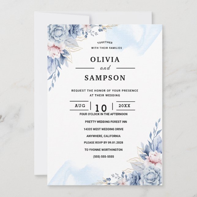 Invitation Mariage élégant bleu blanc (Devant)