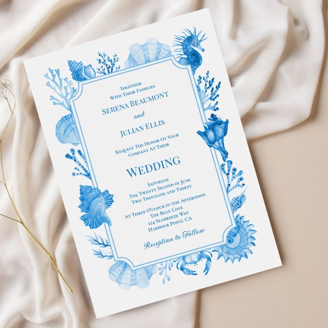 Invitation Mariage élégant bleu coquillage côtier et corail (Elegant Blue Coastal Seashell and Coral Wedding Invitation)
