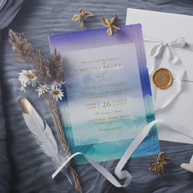 Invitation Mariage élégant bleu de mer violet QR Code plage (Créateur téléchargé)
