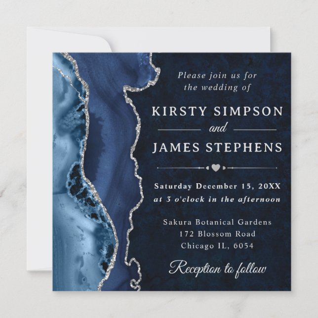 Invitation Mariage élégant bleu et argent paillettes Agate (Devant)