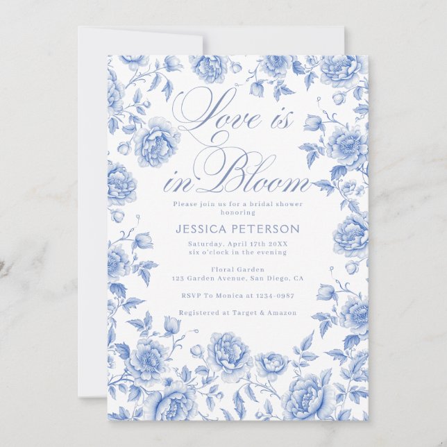Invitation Mariage élégant bleu et blanc de chinoiserie (Devant)