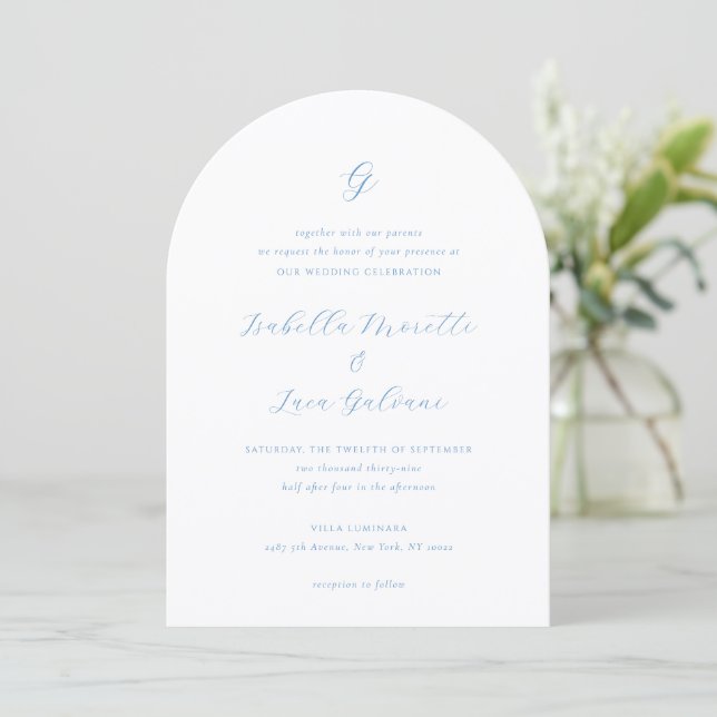 Invitation Mariage élégant bleu et blanc de style côtier chic (Debout devant)