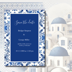 Invitation Mariage élégant bleu et blanc grec Enregistrer la