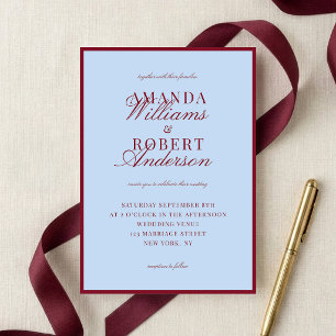 Invitation Mariage Élégant Bleu et Bourgogne Vieille Fortune