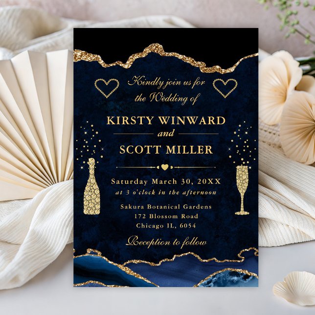 Invitation Mariage élégant bleu et doré à paillettes d'agate (Créateur téléchargé)