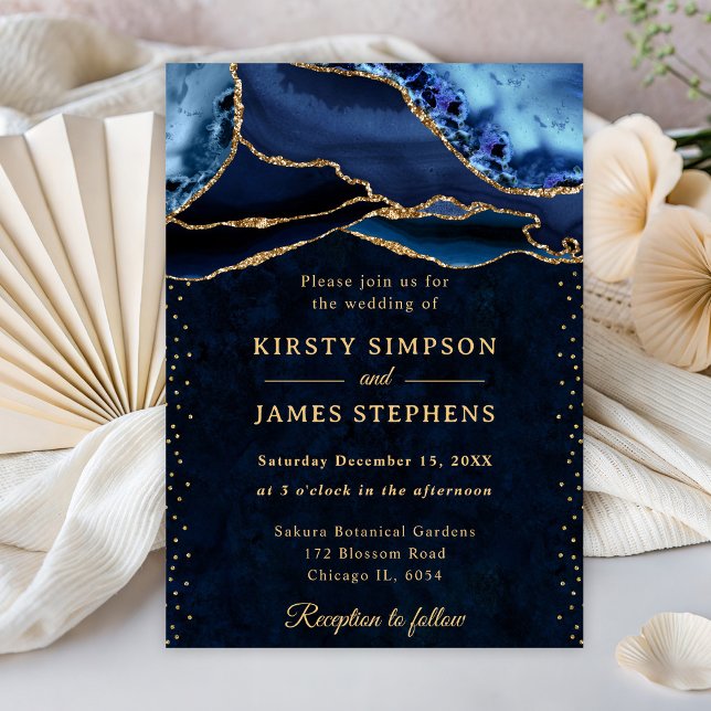 Invitation Mariage élégant bleu et or avec paillettes d'agate (Créateur téléchargé)