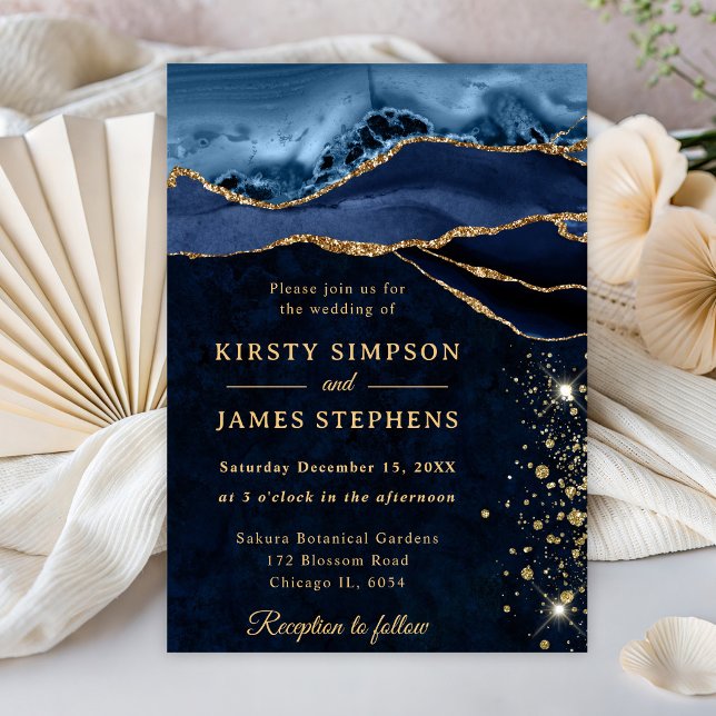 Invitation Mariage élégant bleu et or avec paillettes d'agate (Créateur téléchargé)