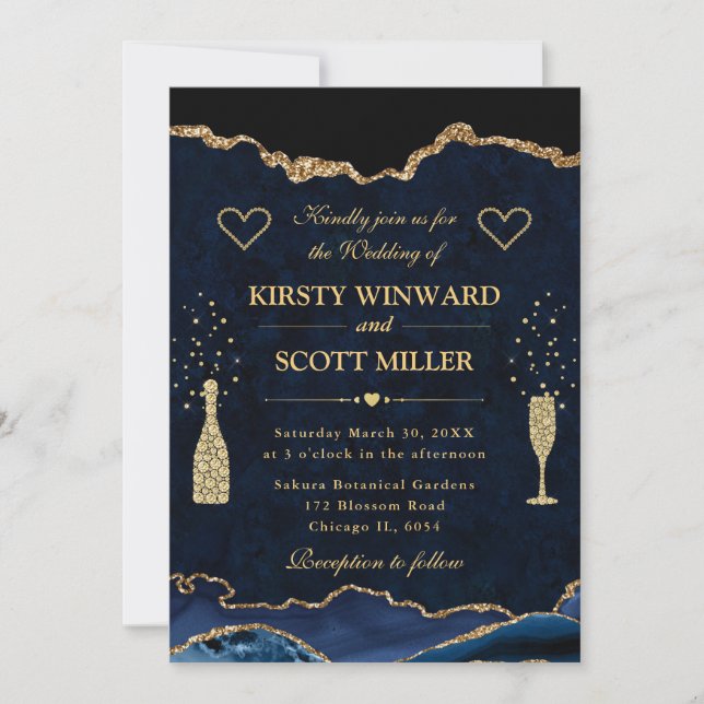 Invitation Mariage élégant bleu et or Faux Paillettes Agate (Devant)