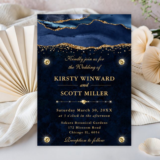 Invitation Mariage élégant bleu et or paillettes d'agate (Créateur téléchargé)