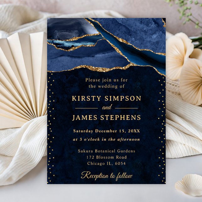 Invitation Mariage élégant bleu et or paillettes d'agate (Créateur téléchargé)