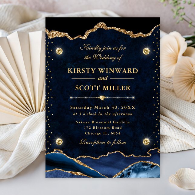 Invitation Mariage élégant bleu et or paillettes d'agate (Créateur téléchargé)