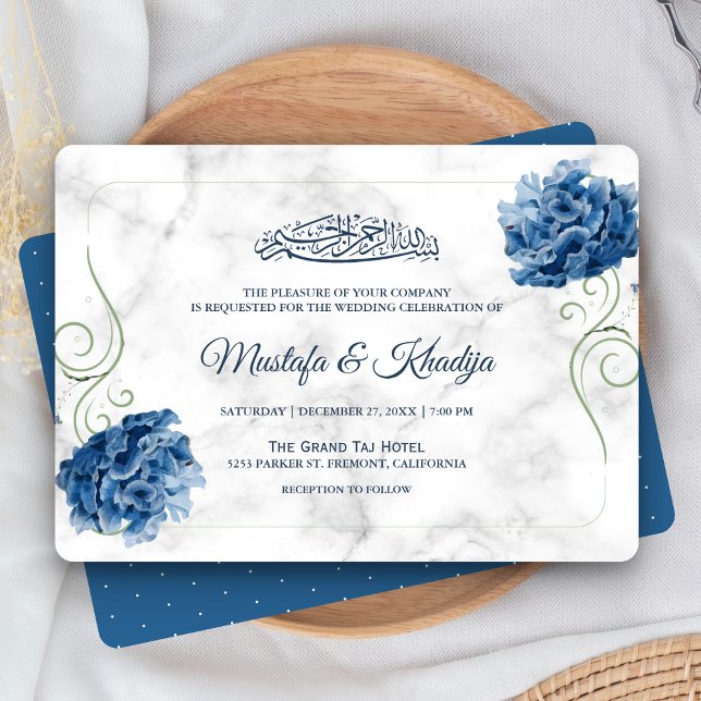 Invitation Mariage élégant bleu floral marbré islamique musul (Créateur téléchargé)