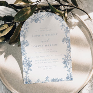Invitation Mariage Élégant Bleu Floral Vintage Arche