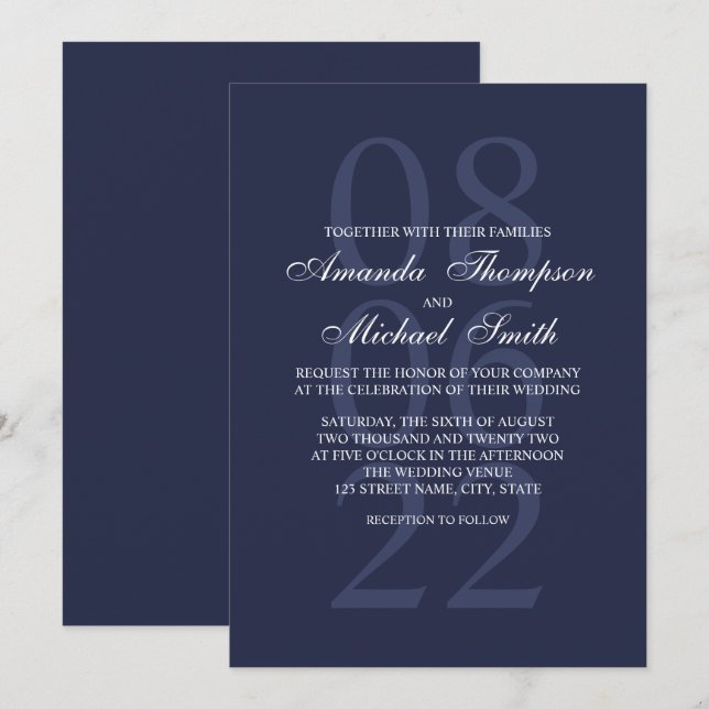 Invitation Mariage élégant bleu marine (Devant / Derrière)
