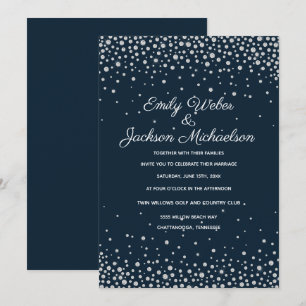 Invitation Mariage élégant bleu marine argent diamant confett