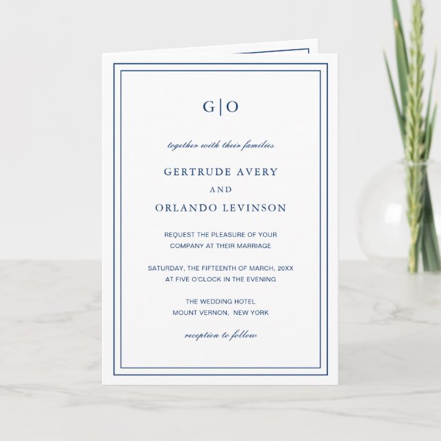 Invitation Mariage Élégant Bleu Marine Classique (Devant)