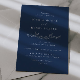 Invitation Mariage Élégant Bleu Marine Dessin au Trait