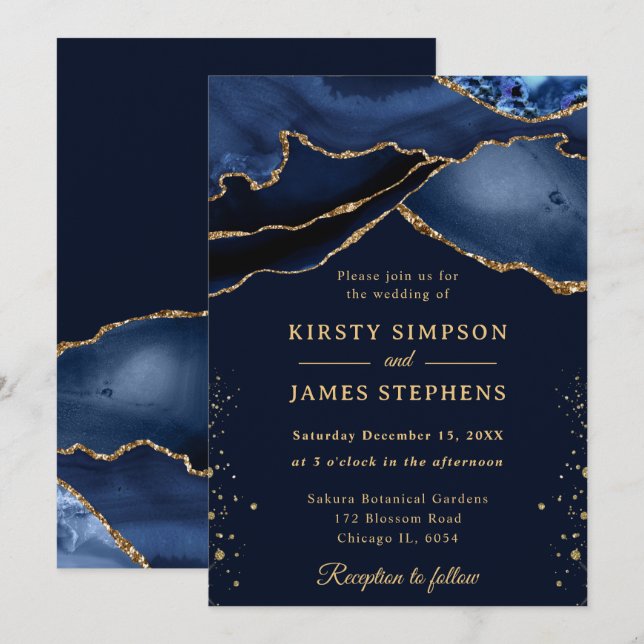 Invitation Mariage élégant bleu marine et agate pailletée or (Devant / Derrière)