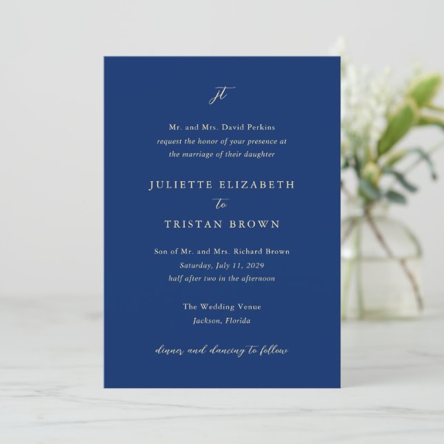 Invitation Mariage Élégant Bleu Marine et Crème Classique (Debout devant)