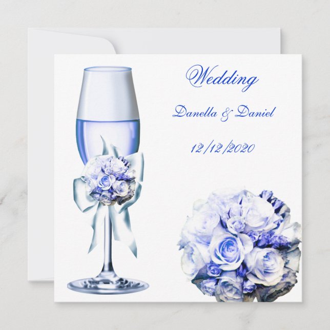 Invitation Mariage Élégant Bleu Marine Fleurs Roses (Devant)