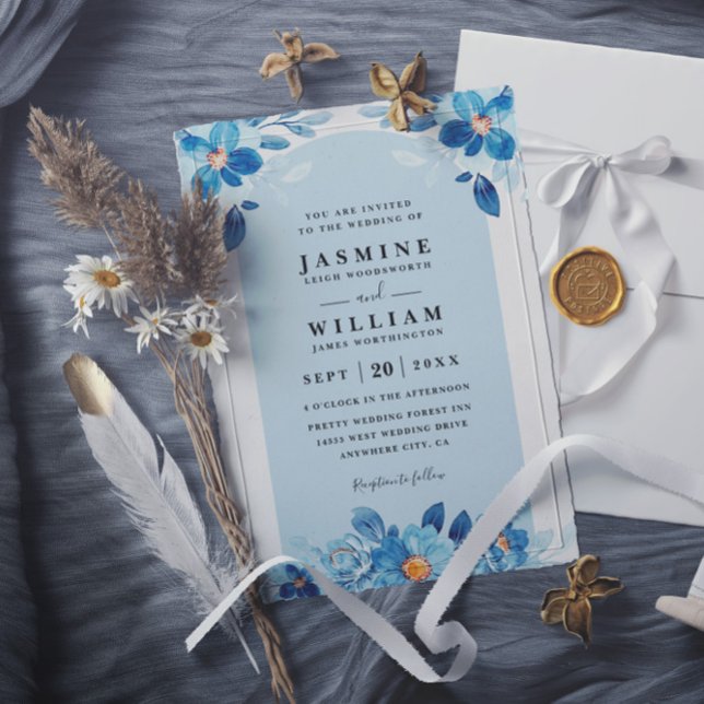 Invitation Mariage élégant bleu marine floral Code QR (Créateur téléchargé)