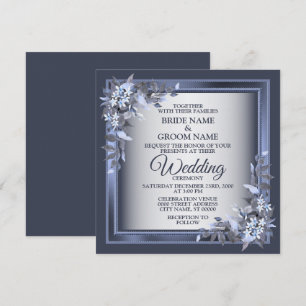 Invitation Mariage élégant bleu marine floral encadré argent