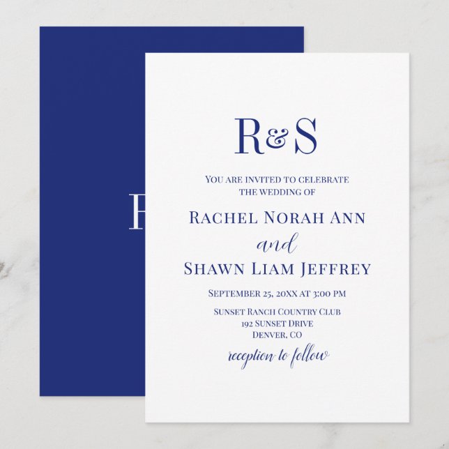 Invitation Mariage Élégant Bleu Marine Moderne Monogramme (Devant / Derrière)