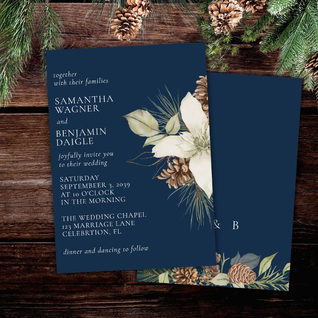 Invitation Mariage élégant bleu marine pin moderne d'hiver (Créateur téléchargé)