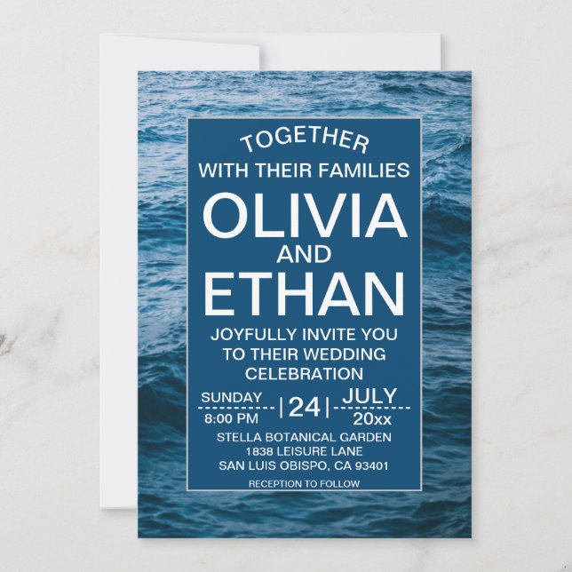 Invitation Mariage élégant bleu marine plage océan côtière (Devant)
